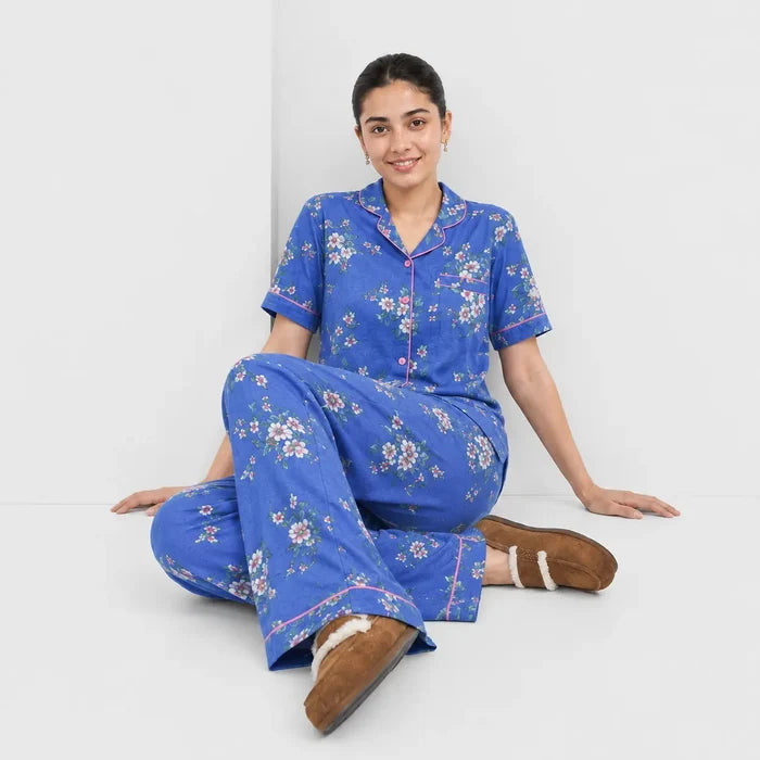 Women's Blue Floral Printed Jersey Cotton Button-Down Pajama Set - Hinz Clothing