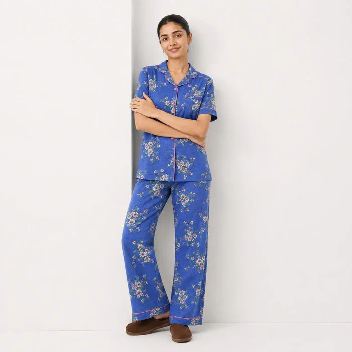 Women's Blue Floral Printed Jersey Cotton Button-Down Pajama Set - Hinz Clothing