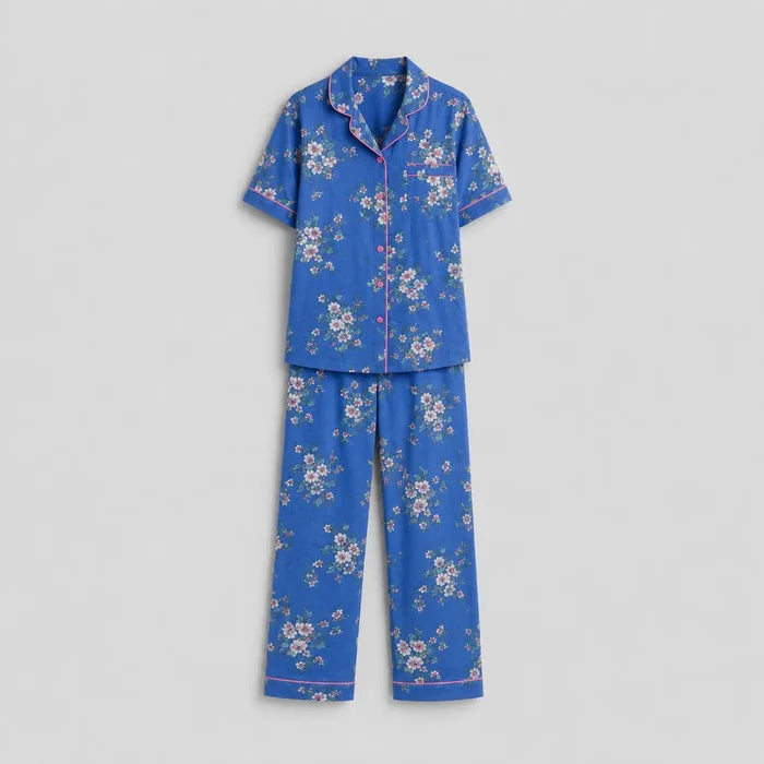 Women's Blue Floral Printed Jersey Cotton Button-Down Pajama Set - Hinz Clothing