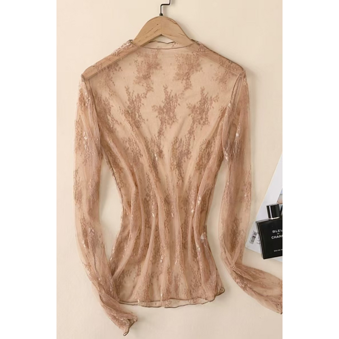 Women's Coffee Sheer Lace Mesh Long Sleeve Top – See-Through Floral Blouse