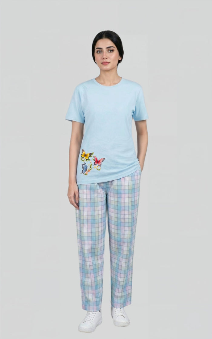 Women’s Cotton Nightwear Set – Sky Blue T-Shirt with Checked Pyjama