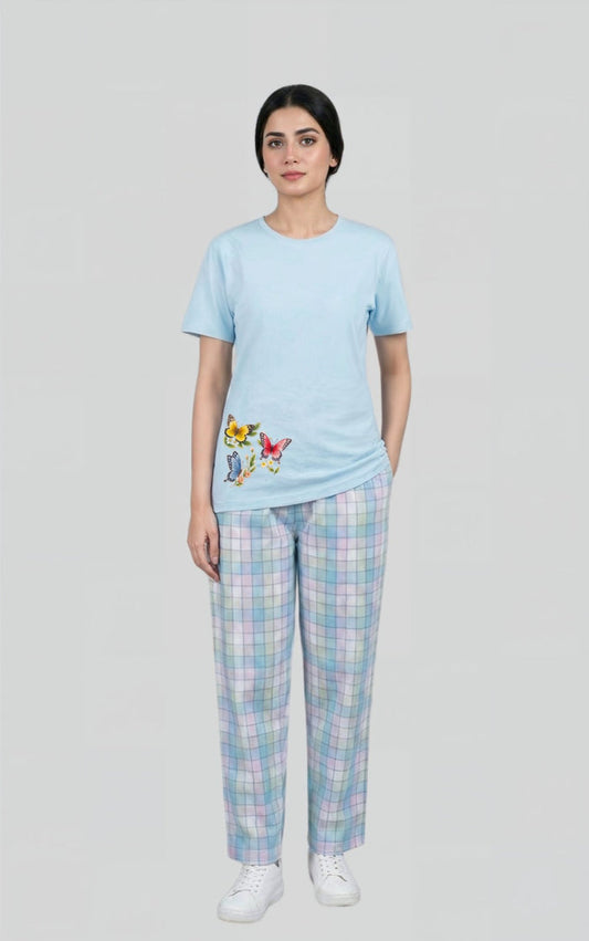 Women’s Cotton Nightwear Set – Sky Blue T-Shirt with Checked Pyjama