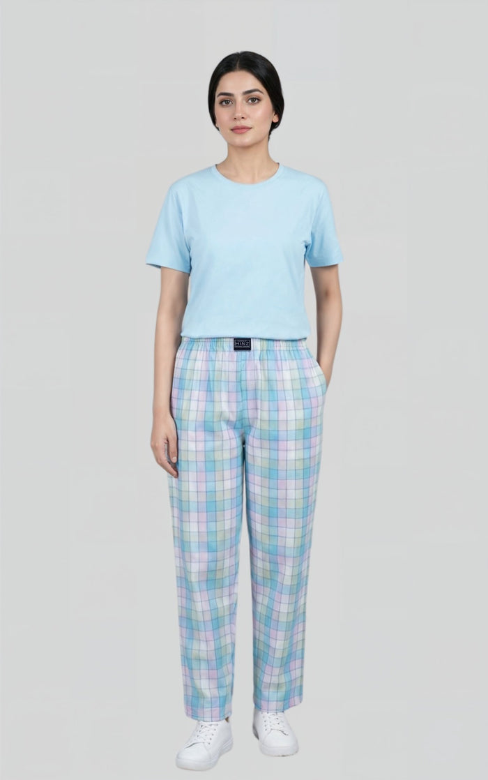 Women’s Cotton Nightwear Set – Sky Blue T-Shirt with Checked Pyjama