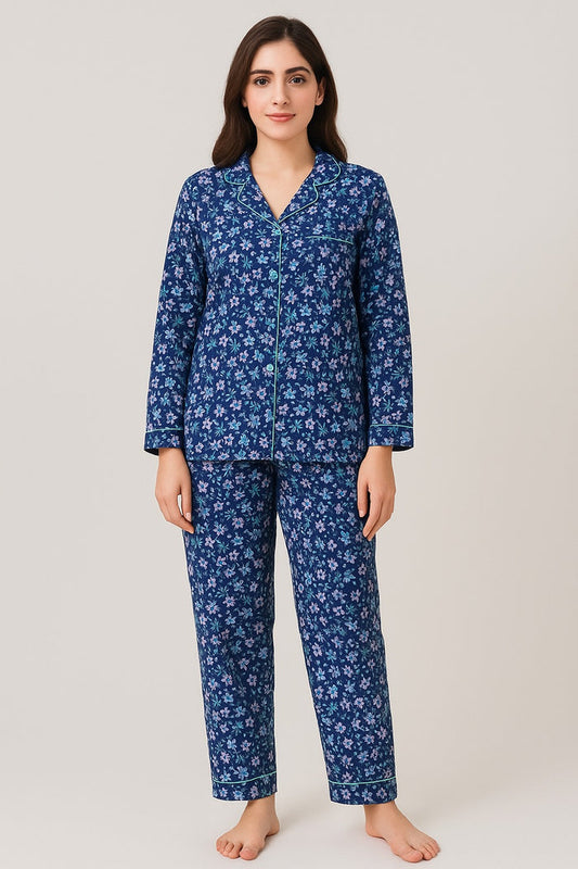 Women’s Full Sleeve Button Night Suit – Navy Blue Floral - Hinz Clothing