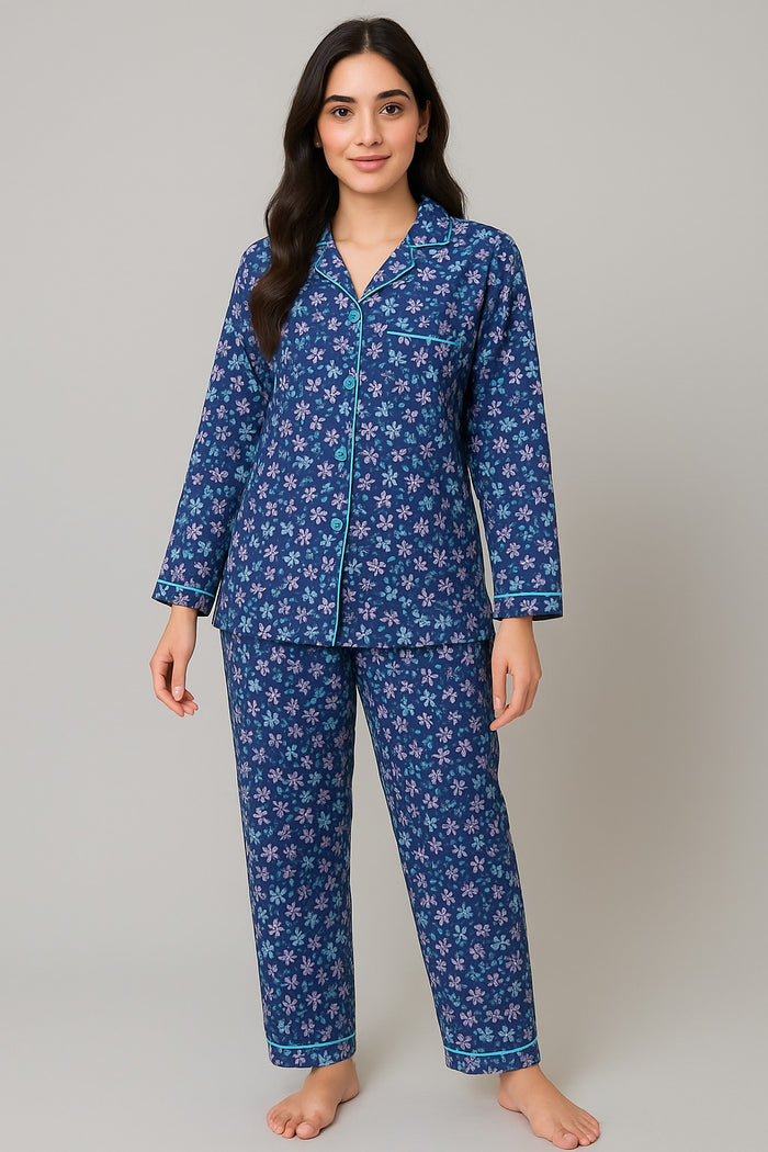 Women’s Full Sleeve Button Night Suit – Navy Blue Floral - Hinz Clothing