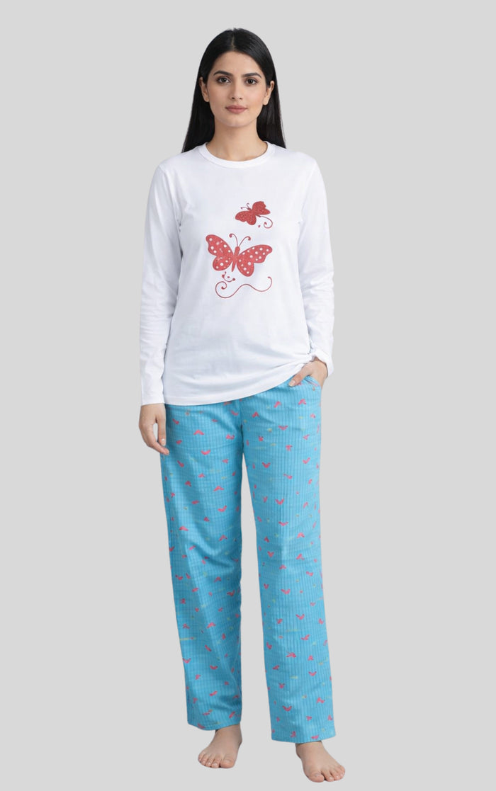 Women’s Full Sleeve Shirt & Printed Pajama with Butterfly Print - Hinz Clothing