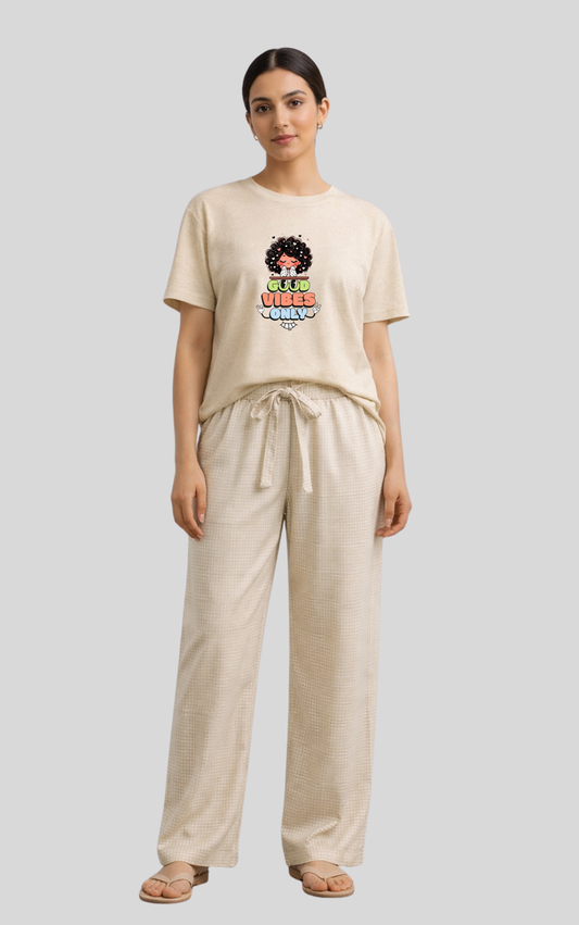 Women’s Good Vibes Graphic T-Shirt with Beige Lounge Check Trouser
