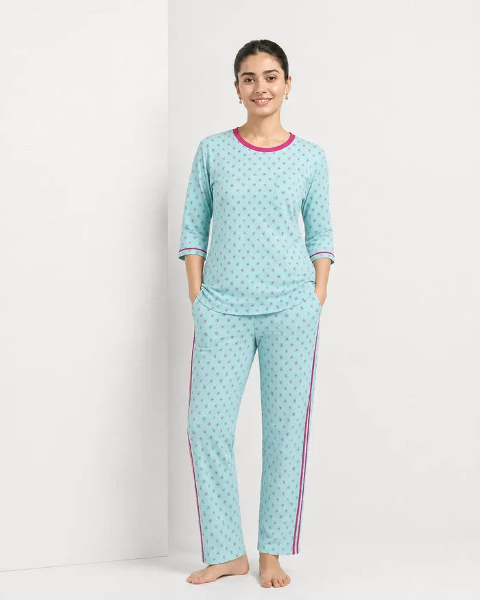 Women's Jersey Cotton Sky Blue Printed Soft Round Neck T-Shirt & Printed Pajama Set