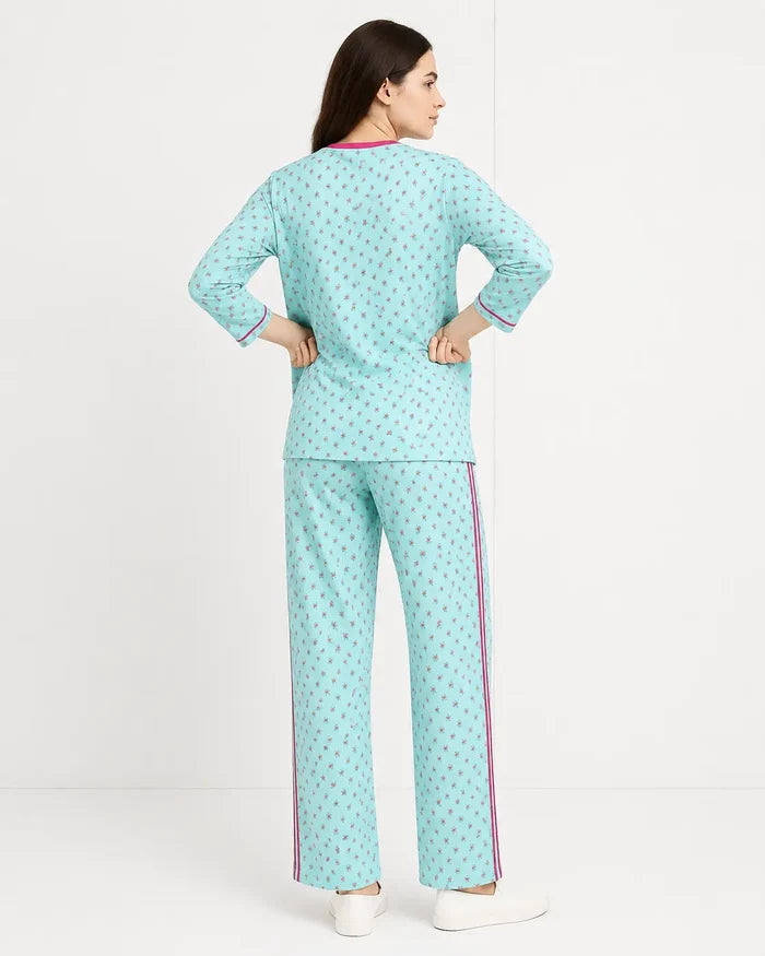 Women's Jersey Cotton Sky Blue Printed Soft Round Neck T-Shirt & Printed Pajama Set - Hinz Clothing
