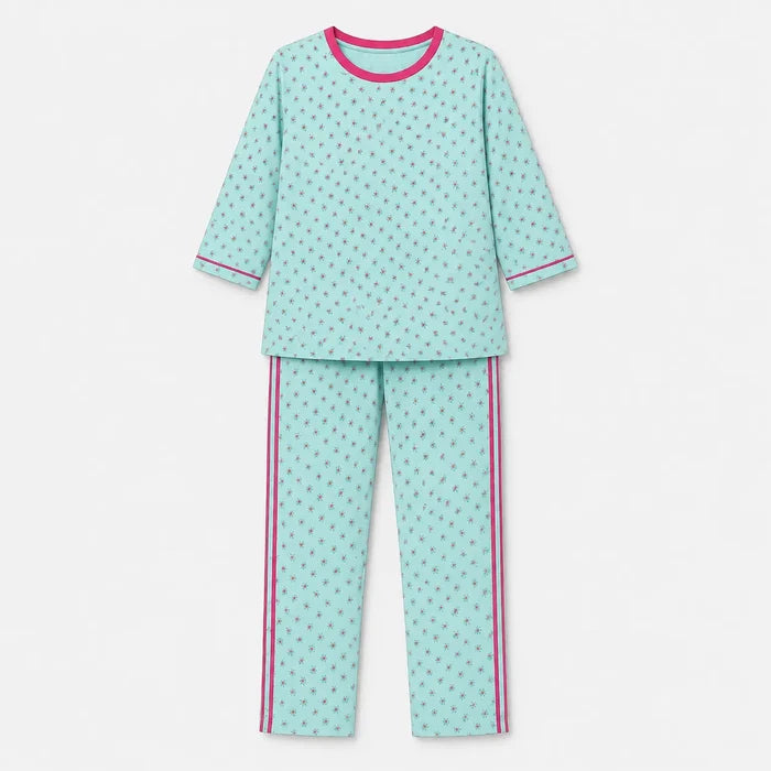 Women's Jersey Cotton Sky Blue Printed Soft Round Neck T-Shirt & Printed Pajama Set - Hinz Clothing