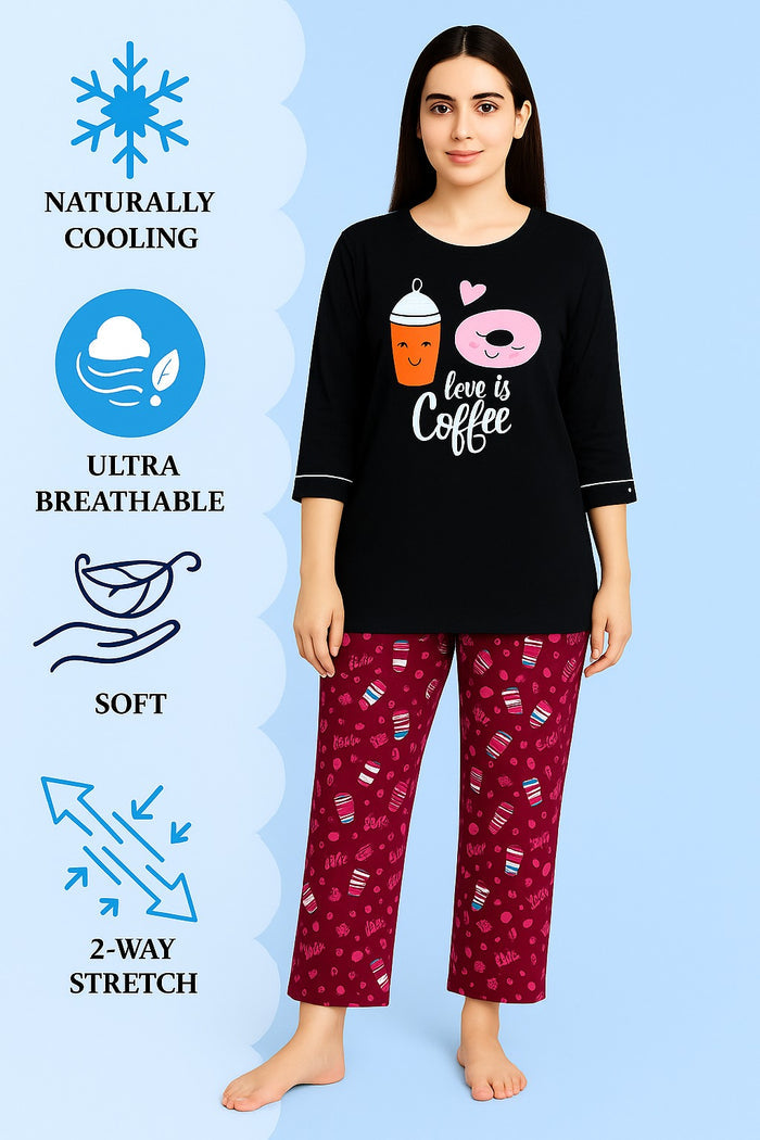 Women's Long T-Shirt Black  & Printed Trouser (LOVE IS COFFE ) - Hinz Clothing