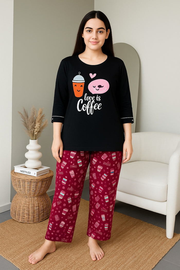 Women's Long T-Shirt Black  & Printed Trouser (LOVE IS COFFE ) - Hinz Clothing