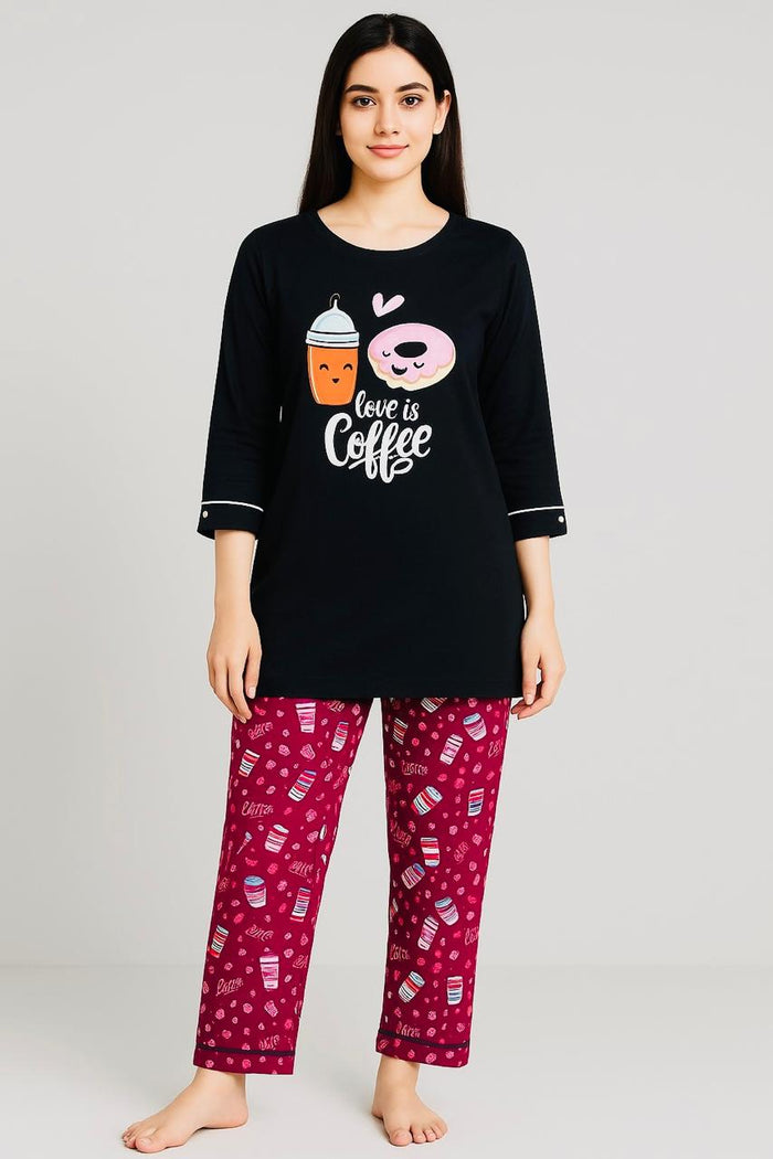 Women's Long T-Shirt Black  & Printed Trouser (LOVE IS COFFE ) - Hinz Clothing