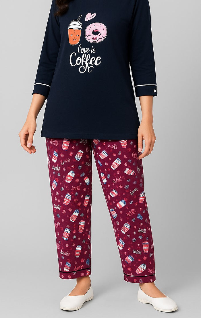 Women's Long T-Shirt Black  & Printed Trouser (LOVE IS COFFE ) - Hinz Clothing
