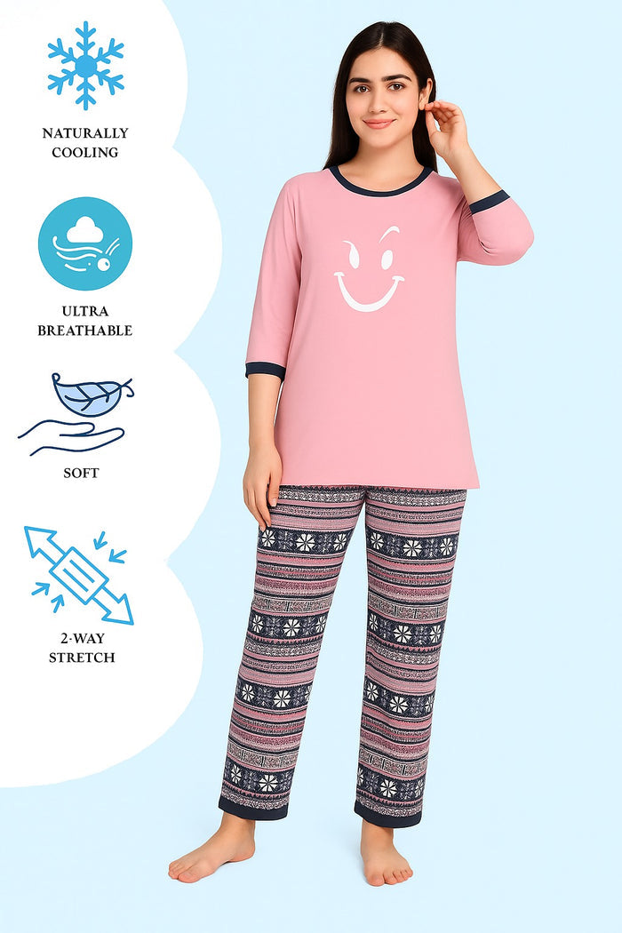 Women's Long T-Shirt Light Pink & Printed Trouser (WHITE SMILE) - Hinz Clothing