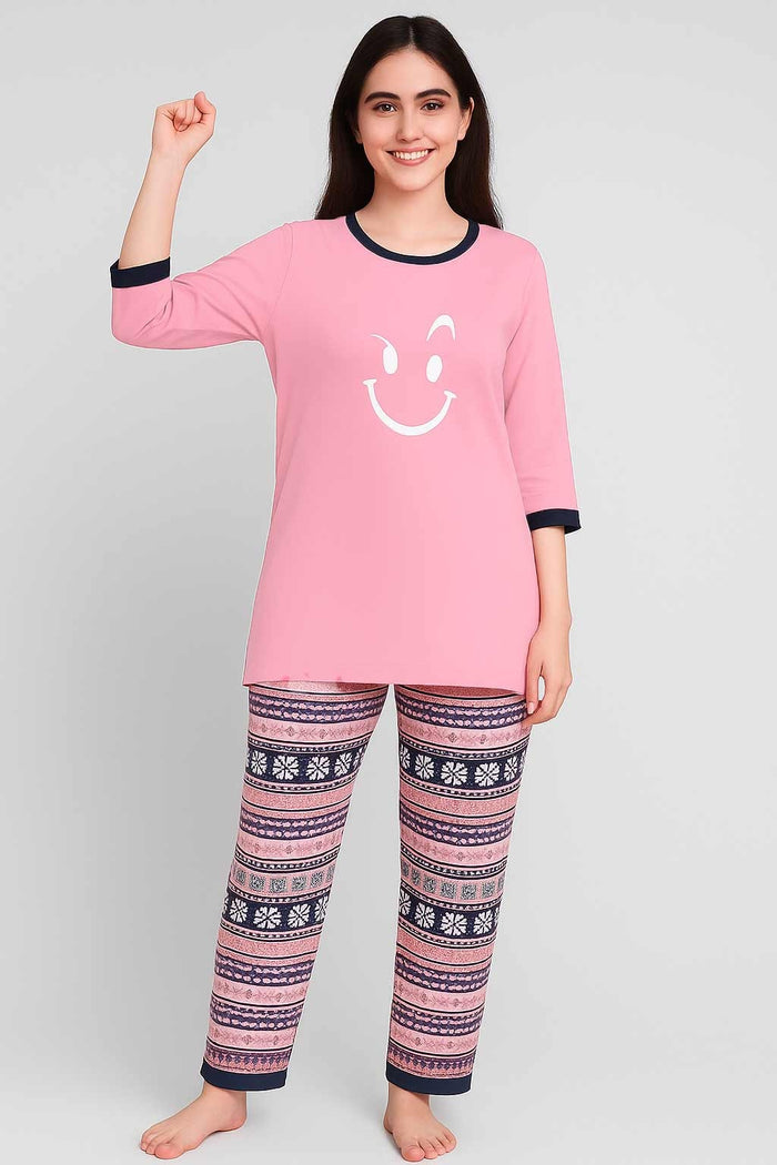 Women's Long T-Shirt Light Pink & Printed Trouser (WHITE SMILE) - Hinz Clothing