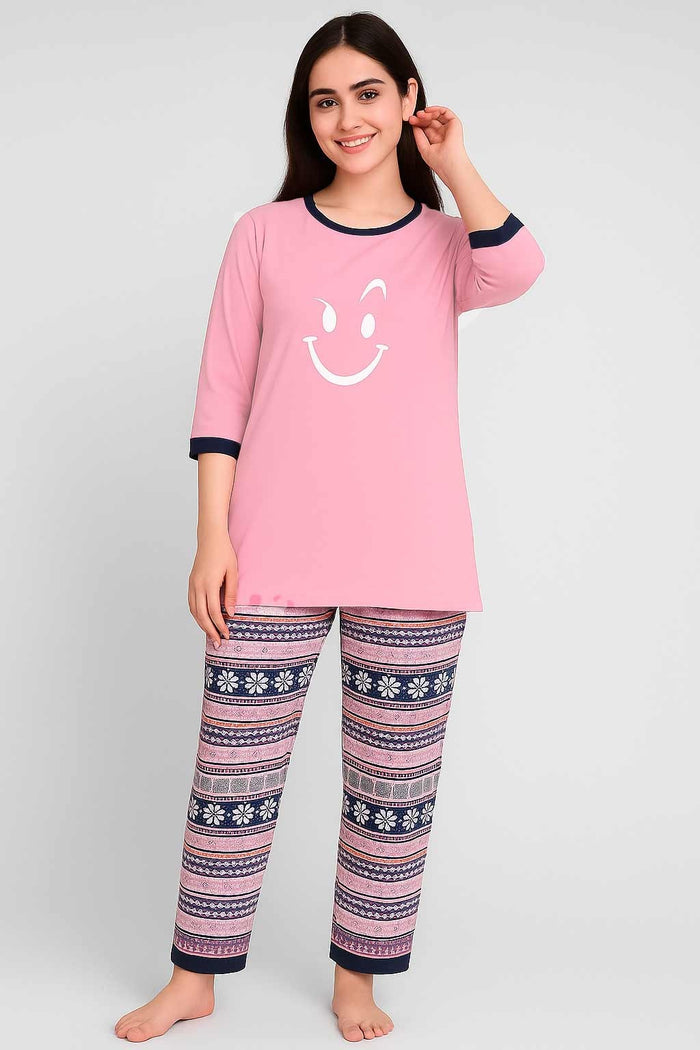 Women's Long T-Shirt Light Pink & Printed Trouser (WHITE SMILE) - Hinz Clothing