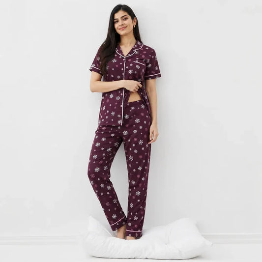 Women's Maroon Snowflake Printed Jersey Cotton Night Suit