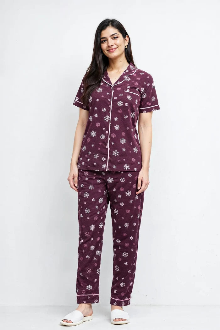 Women’s Maroon Floral  Pajama Set – Button Down Nightwear - Hinz Clothing