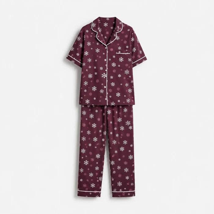 Women's Maroon Snowflake Printed Jersey Cotton Night Suit