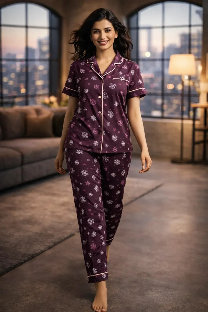 Women’s Maroon Floral  Pajama Set – Button Down Nightwear - Hinz Clothing