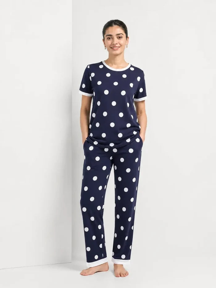 Women's Navy Blue Polka Dot Jersey Cotton T-Shirt & Pajama Set