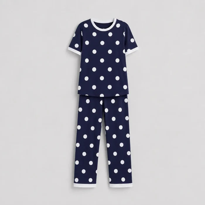 Women's Navy Blue Polka Dot Jersey Cotton T-Shirt & Pajama Set - Hinz Clothing