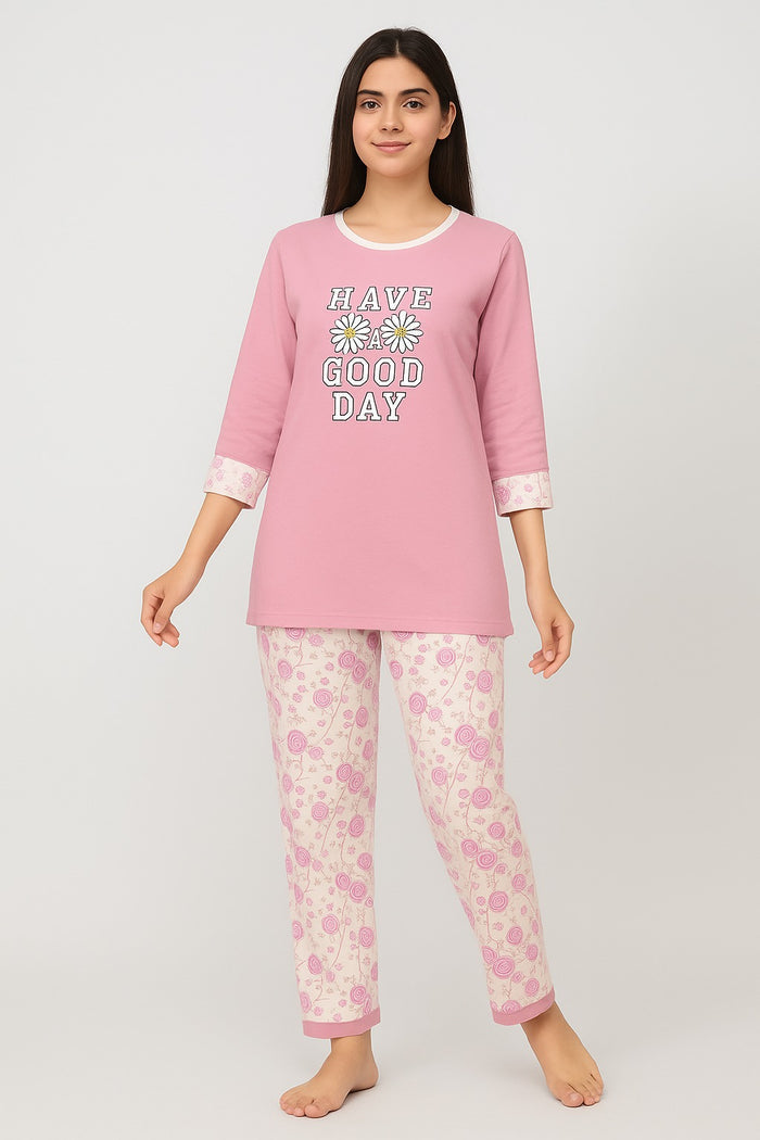 Women’s Nightwear Set – “Have a Good Day” Top & Floral Pajama - Hinz Clothing