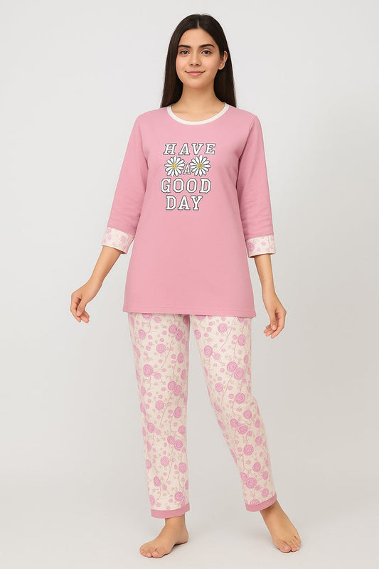 Women’s Nightwear Set – “Have a Good Day” Top & Floral Pajama - Hinz Clothing