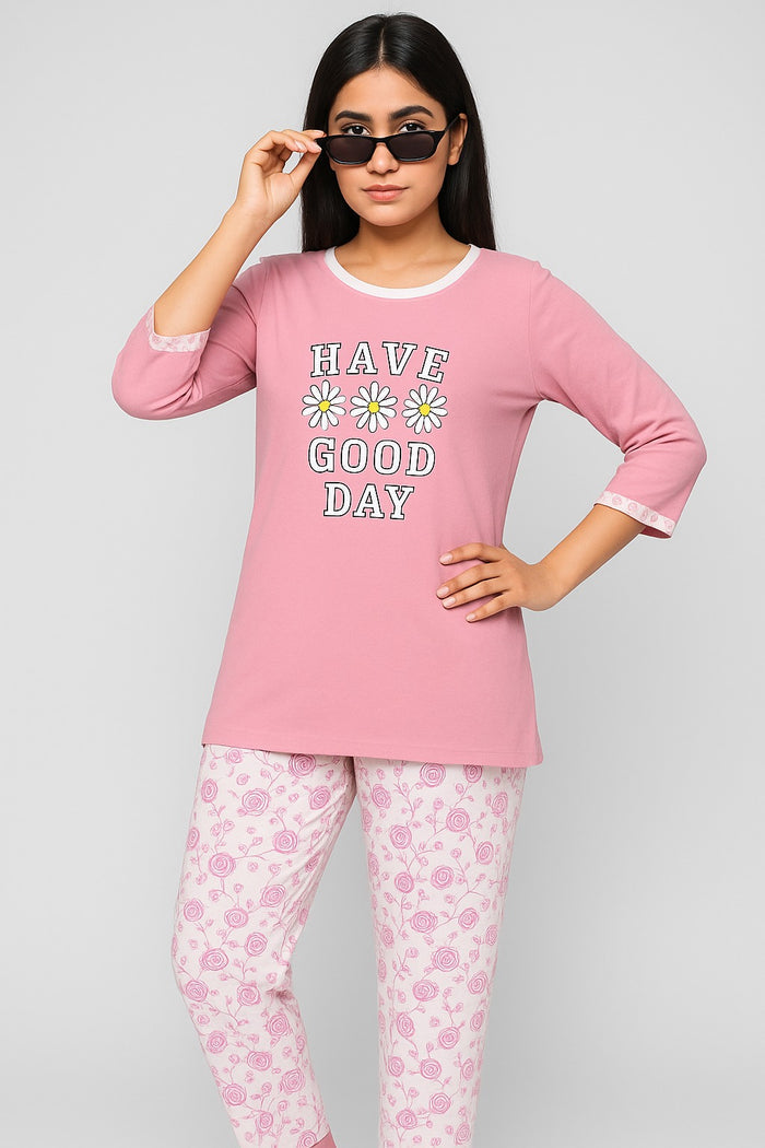 Women’s Nightwear Set – “Have a Good Day” Top & Floral Pajama - Hinz Clothing