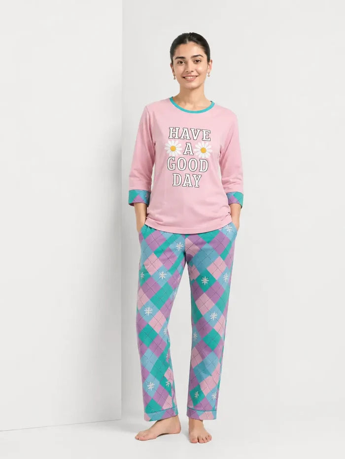 Women's Pink Jersey Cotton Soft Crew Neck Printed T-Shirt & Check Trouser Set