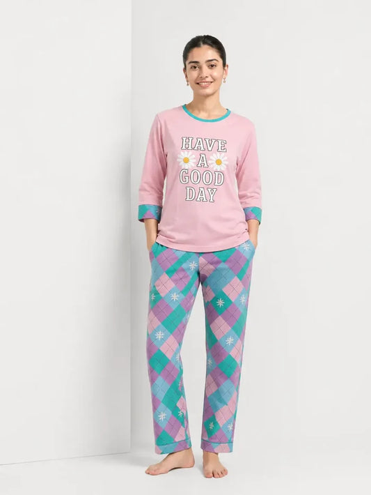Women's Pink Jersey Cotton Soft Crew Neck Printed T-Shirt & Check Trouser Set
