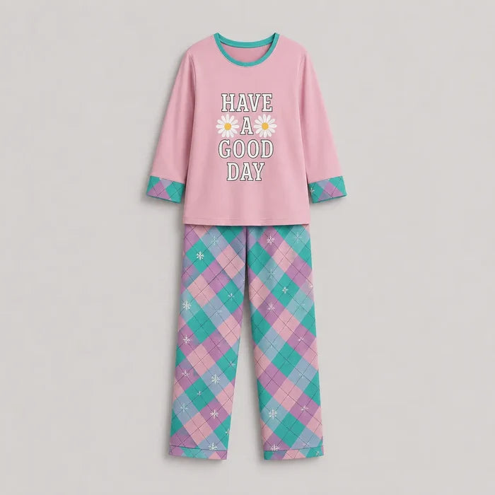 Women's Pink Jersey Cotton Soft Crew Neck Printed T-Shirt & Check Trouser Set - Hinz Clothing