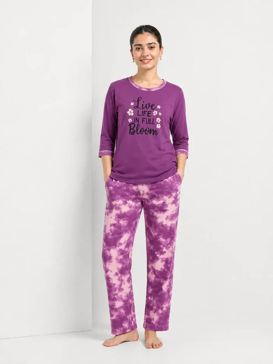 Women's Purple Jersey Cotton  Graphic Print T-Shirt & Tie-Dye Pajama Set