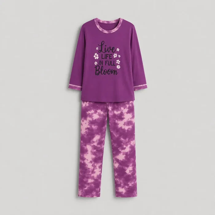 Women's Purple Jersey Cotton  Graphic Print T-Shirt & Tie-Dye Pajama Set - Hinz Clothing