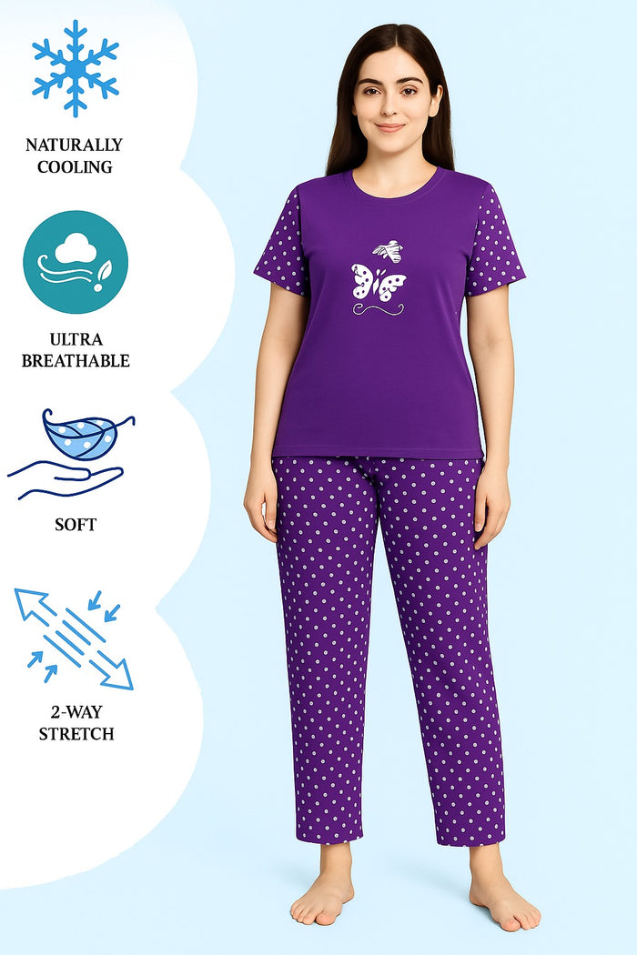 Women’s Purple Polka Dot Night Suit (Butterfly Printed) - Hinz Clothing