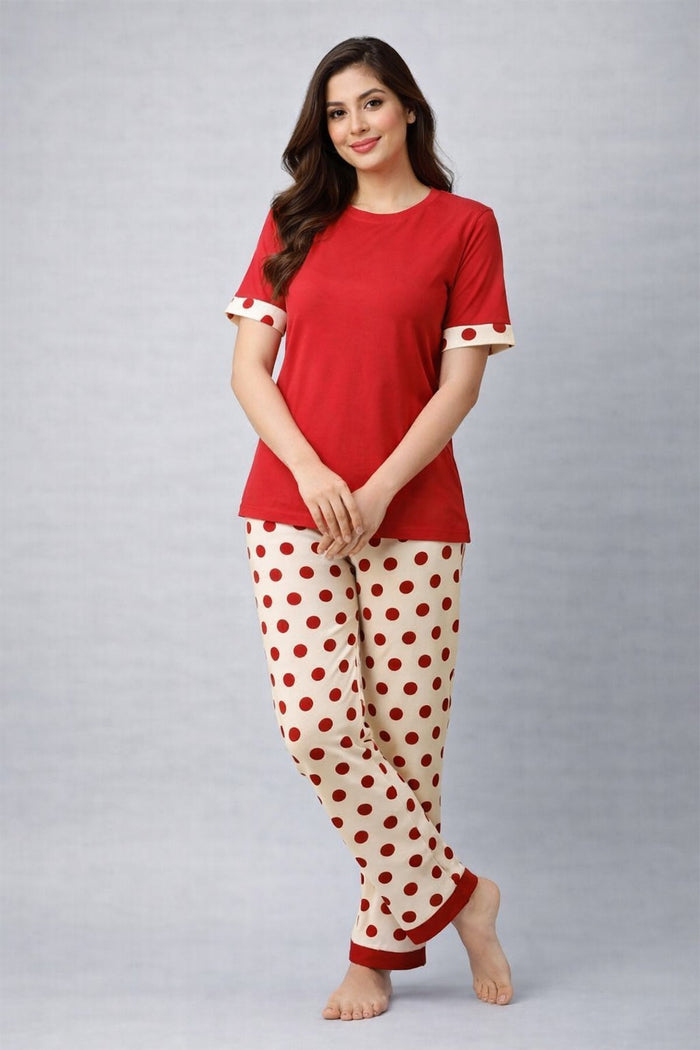 Women's Red Jersey Cotton T-Shirt & Cream Polka Dot Pajama Set Regular Fit