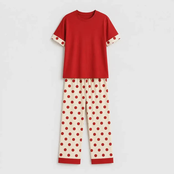 Women's Red Jersey Cotton T-Shirt & Cream Polka Dot Pajama Set Regular Fit
