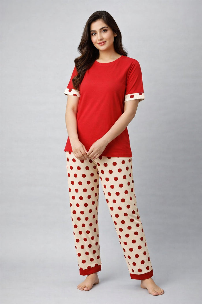 Women's Red Jersey Cotton T-Shirt & Cream Polka Dot Pajama Set Regular Fit