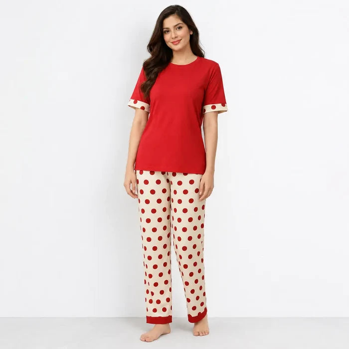 Women's Red Jersey Cotton T-Shirt & Cream Polka Dot Pajama Set Regular Fit