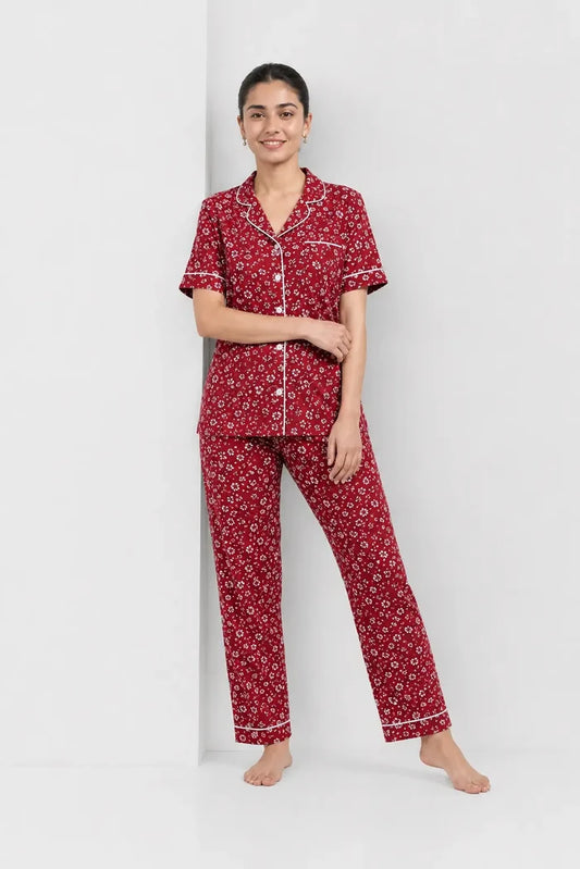 Women's Red Printed Jersey Cotton Soft Button-Down Pajama Set