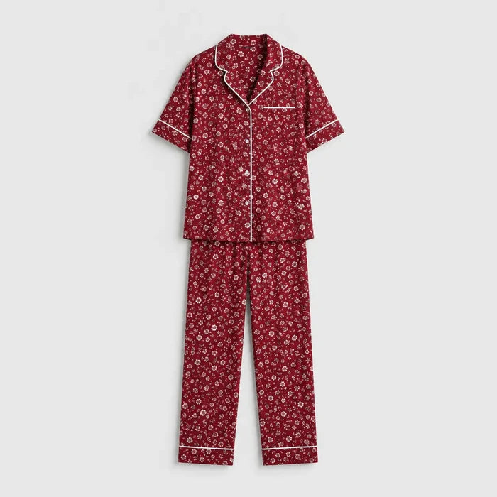 Women's Red Printed Jersey Cotton Soft Button-Down Pajama Set