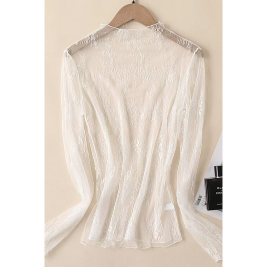Women's White Sheer Lace Mesh Long Sleeve Top – See-Through Floral Blouse