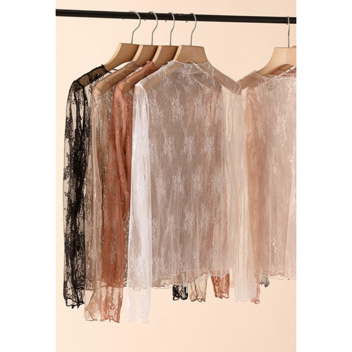 Women's White Sheer Lace Mesh Long Sleeve Top – See-Through Floral Blouse