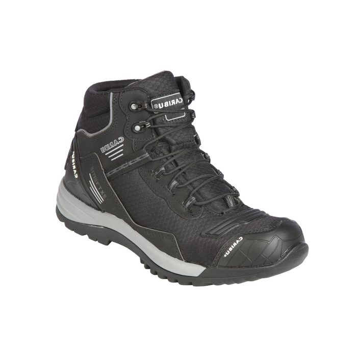 Black work boot with visible brand logo