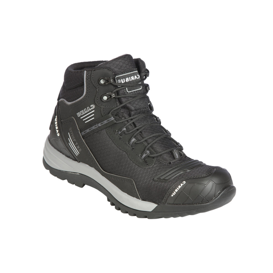 Black work boot with visible brand logo