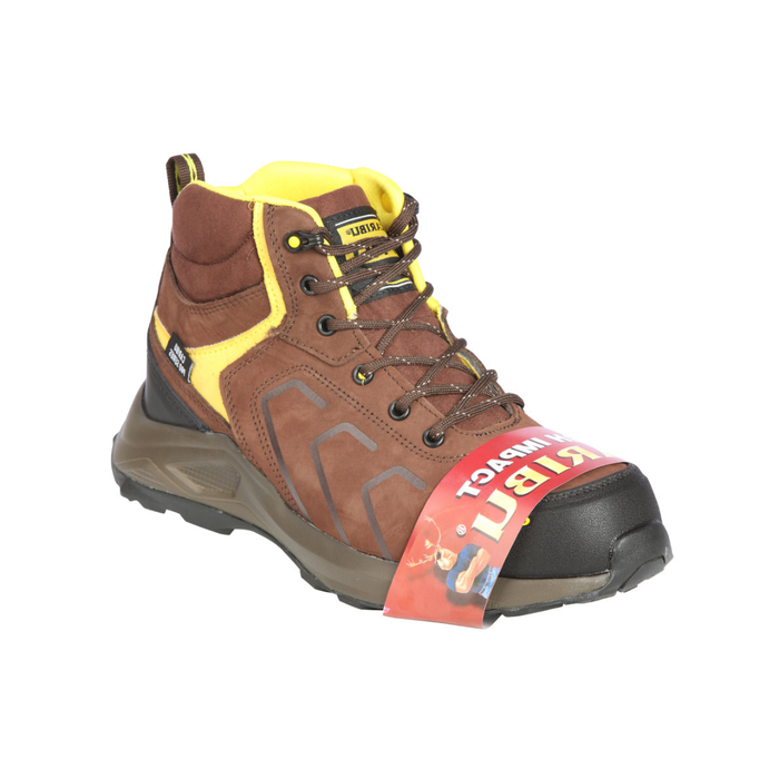 Brown and yellow work boot with a visible brand label