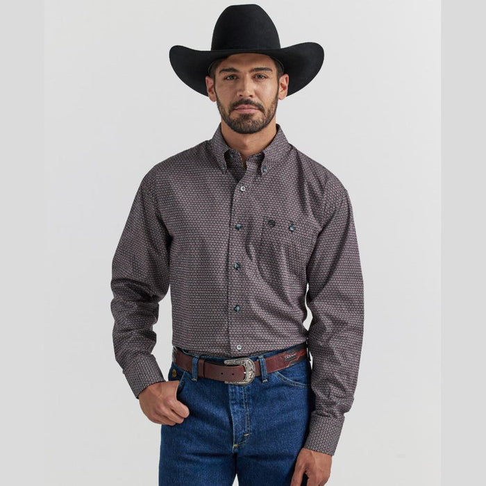 Wrangler George Strait Long Sleeve Button Down One Pocket Shirt- Navy Red Chain