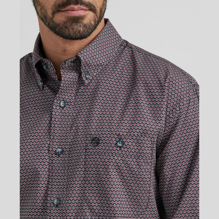 Wrangler George Strait Long Sleeve Button Down One Pocket Shirt- Navy Red Chain