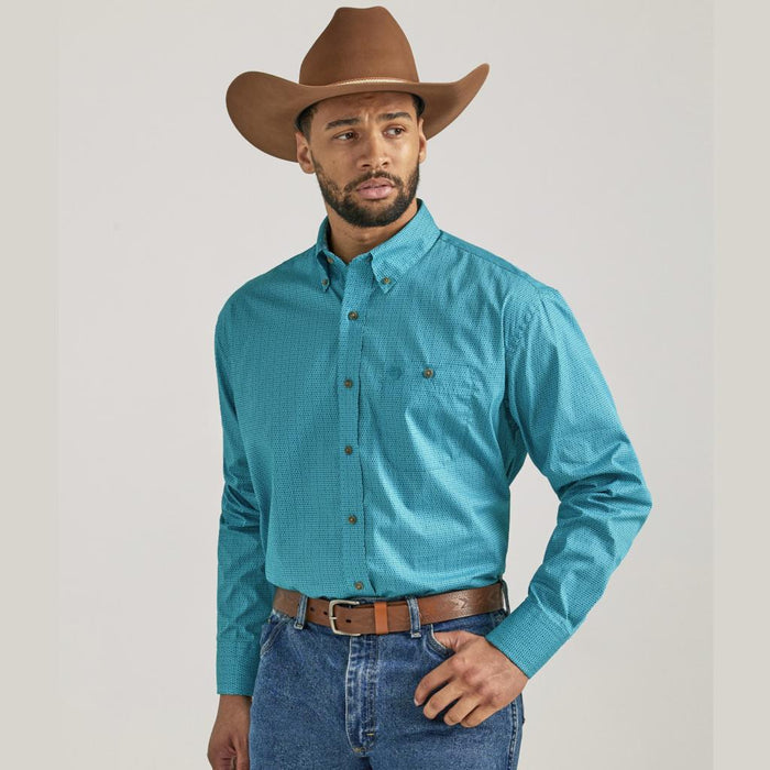 Wrangler George Strait Long Sleeve Button Down One Pocket Shirt- Teal Disc